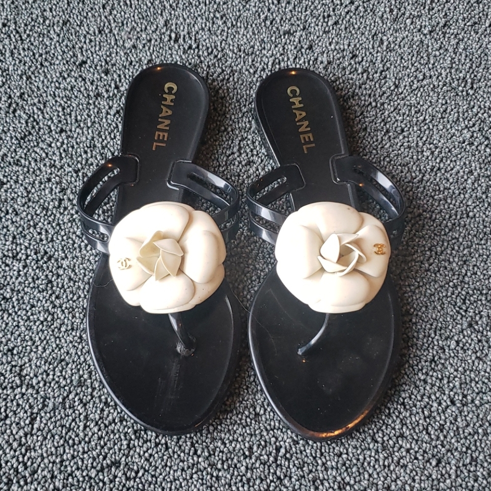 Chanel Camellia Flip Flops Jelly Sandals Size 6
